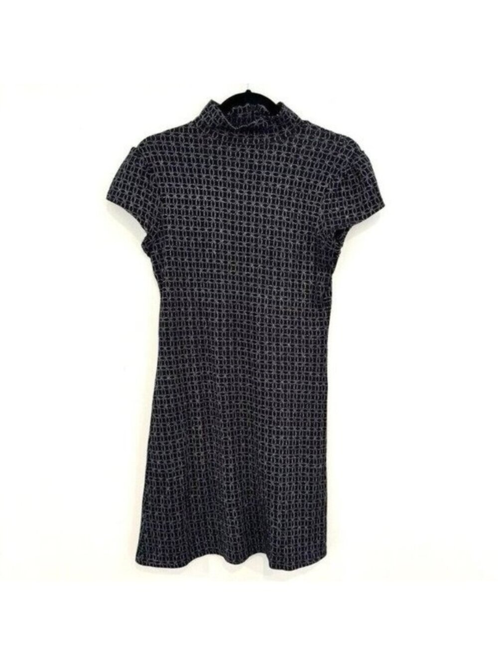 Zara Dress Black Silver Geometric Stitched High-Neck Mini Dress Mod Whimsigoth
